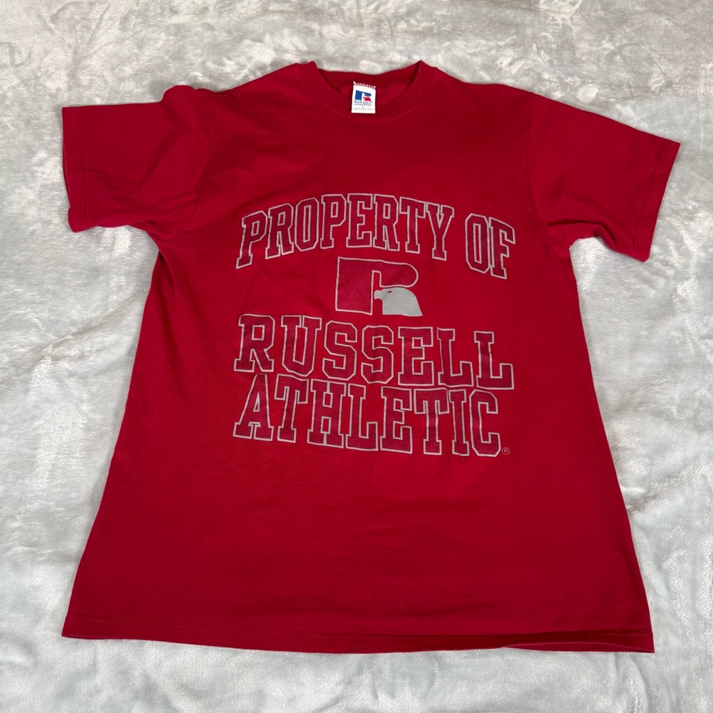 Vintage Russell Athletic Logo T Shirt Mens Large Slim Fit Made In USA Red 90s